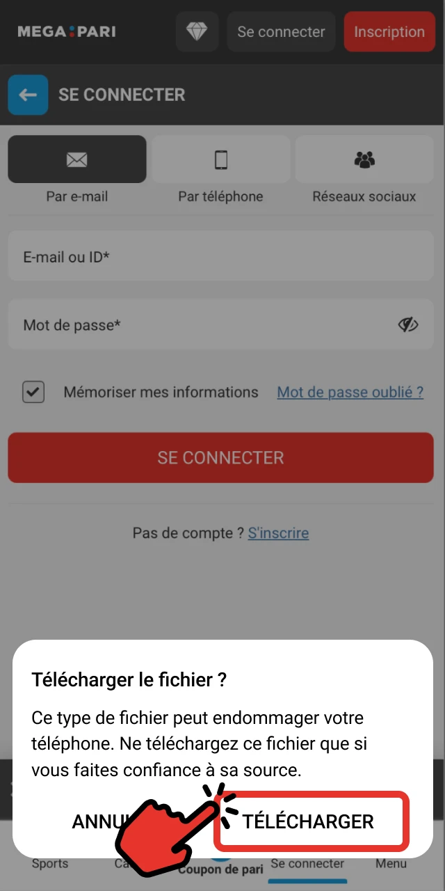 Accepter le téléchargement dans la fenêtre pop-up.