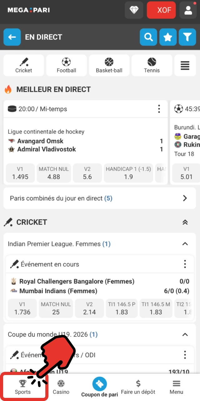 Choisissez Sport ou Casino.