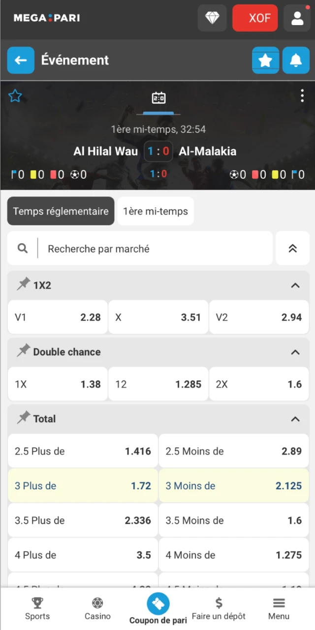 Pour les paris, sélectionnez l’événement et le marché.